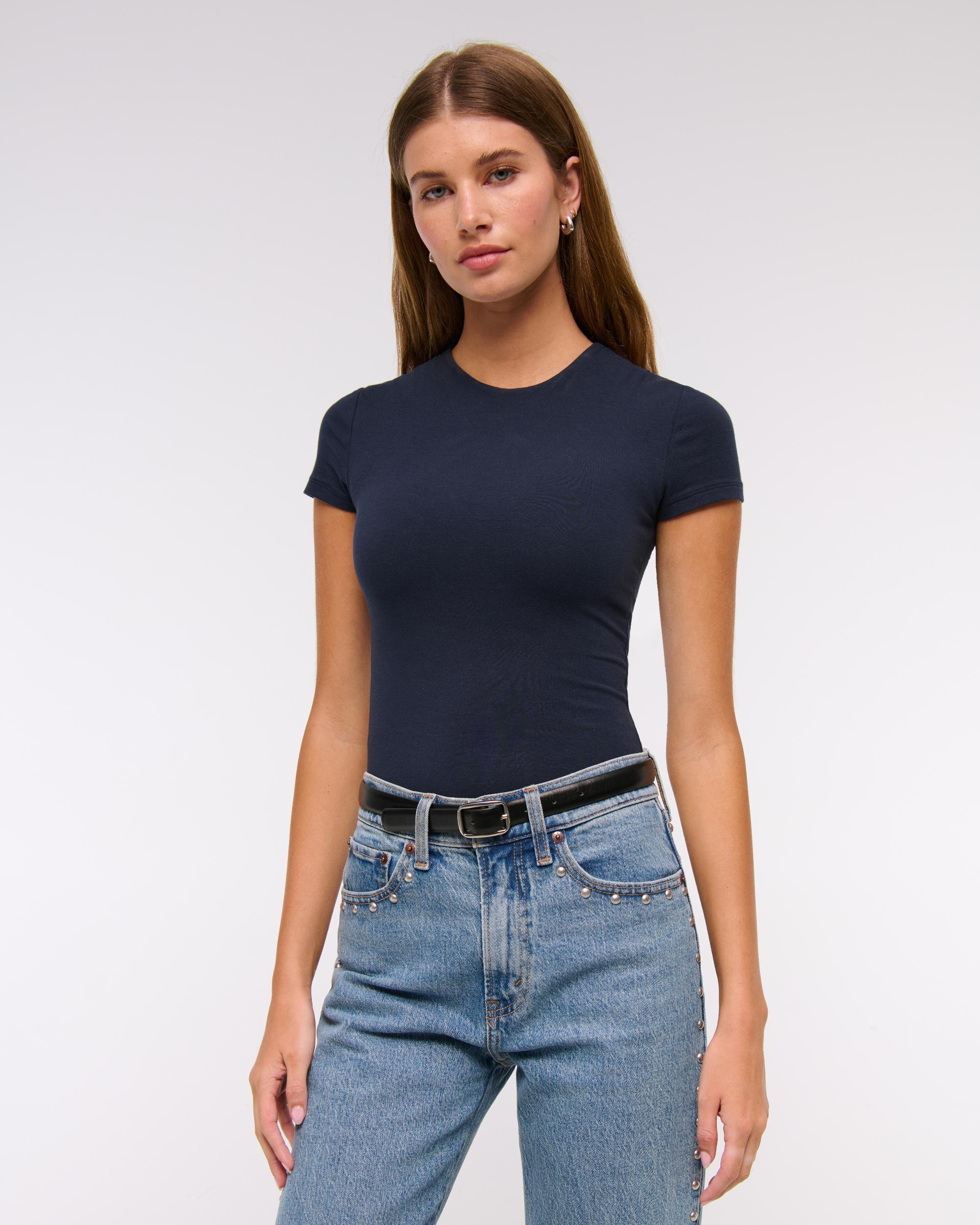 Short-Sleeve Cotton-Blend Seamless Fabric Crew Bodysuit Product Image