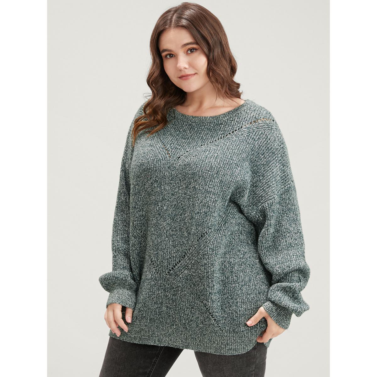 Plus Size Solid Pointelle Knit Round Neck Cut Out Heather Knit Top Cyan Women Casual Loose Long Sleeve Round Neck Dailywear Pullovers BloomChic 26/4X Product Image