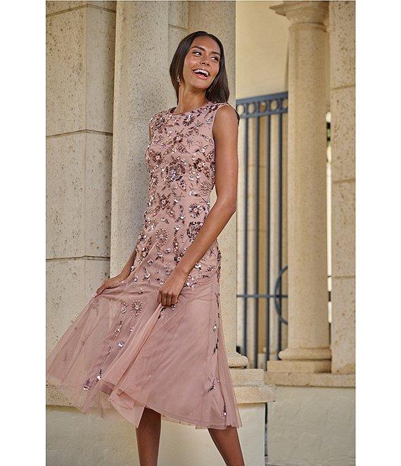 Adrianna Papell Beaded Mesh Boat Neck Cap Sleeve Dress Product Image