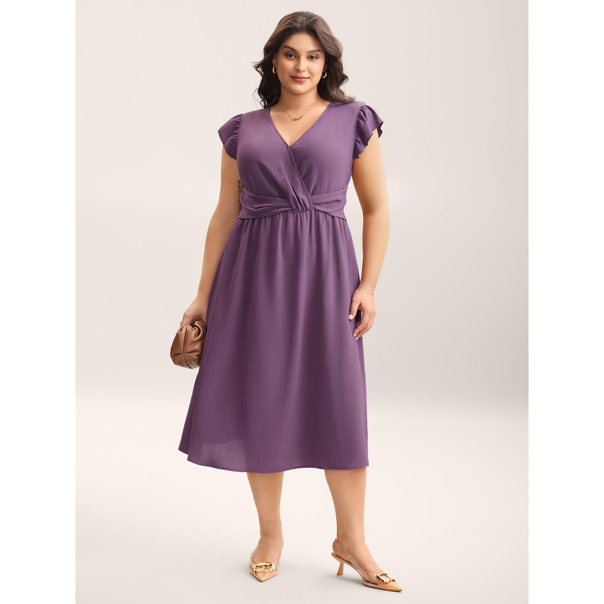 Plus Size Solid Surplice Neck Pockets Midi Dress Mauve Women At the Office Twist Overlap Collar Cap Sleeve Curvy BloomChic 14-16/1X Product Image