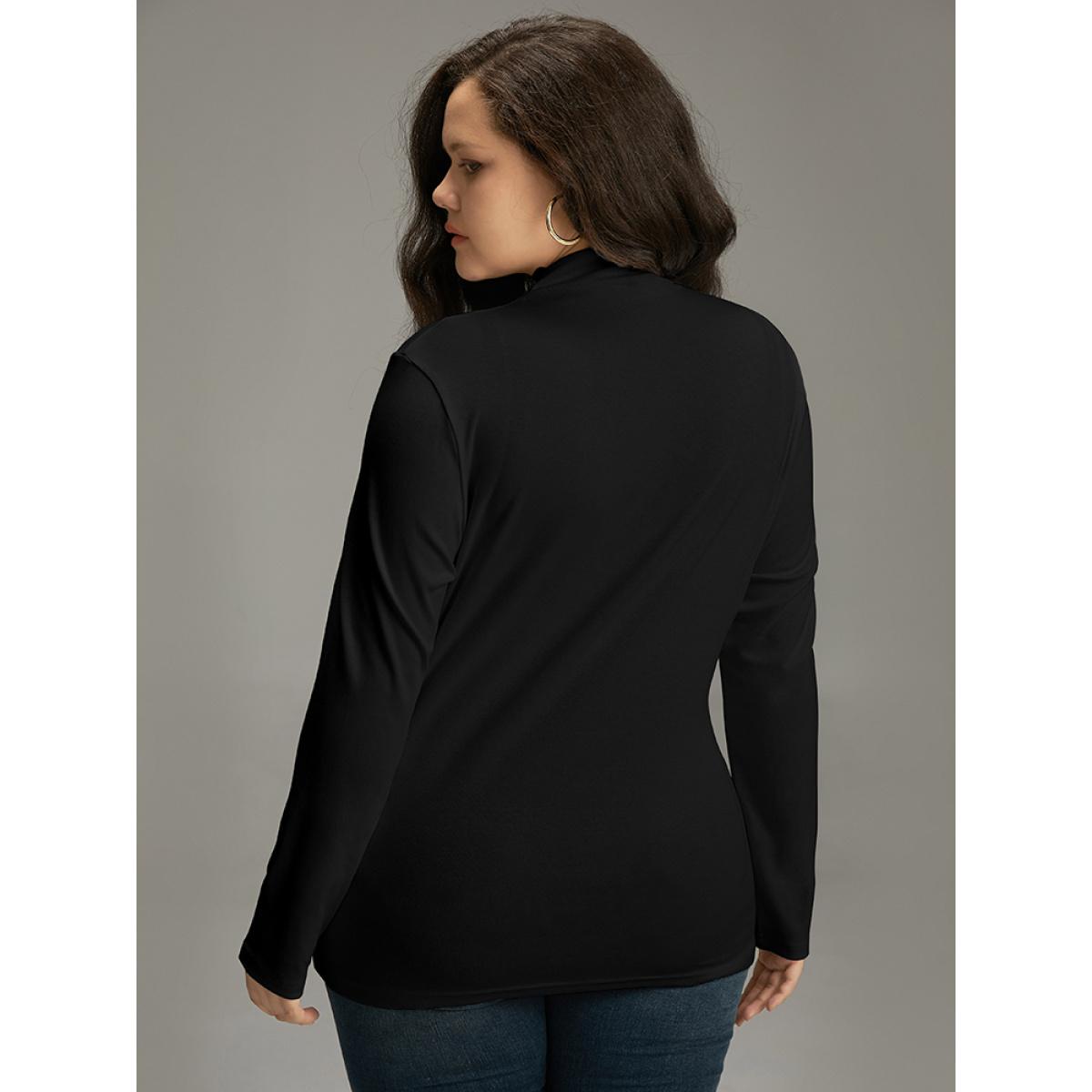 Plus Size Cotton Solid Mock Neck T-shirt Black Women Casual Plain Plain Mock Neck Dailywear T-shirts BloomChic 26/4X Product Image