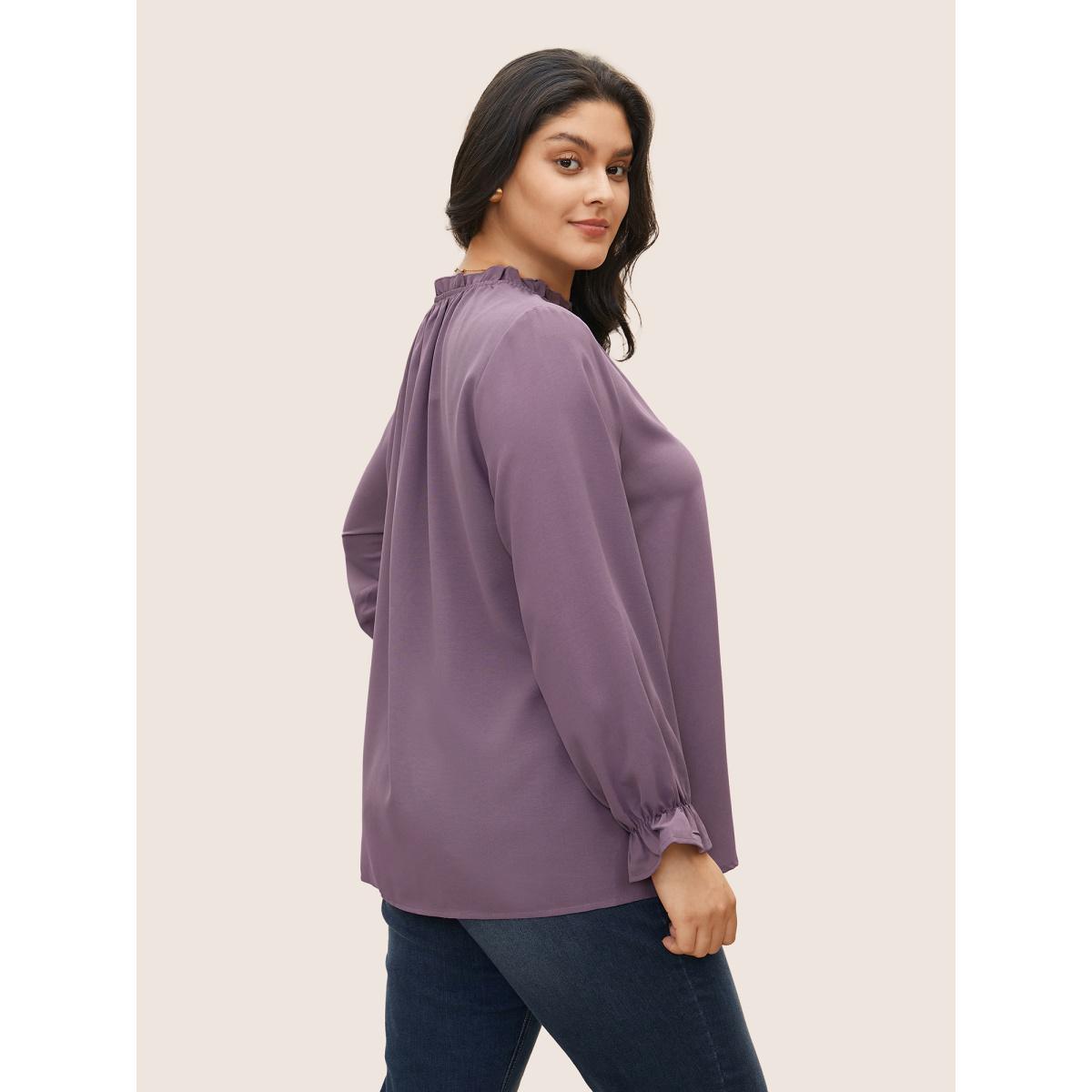 Plus Size Mauve Plain Lantern Sleeve Ruffle Trim Mock Neck Blouse Women Work From Home Long Sleeve Mock Neck Work Blouses BloomChic 12/L Product Image