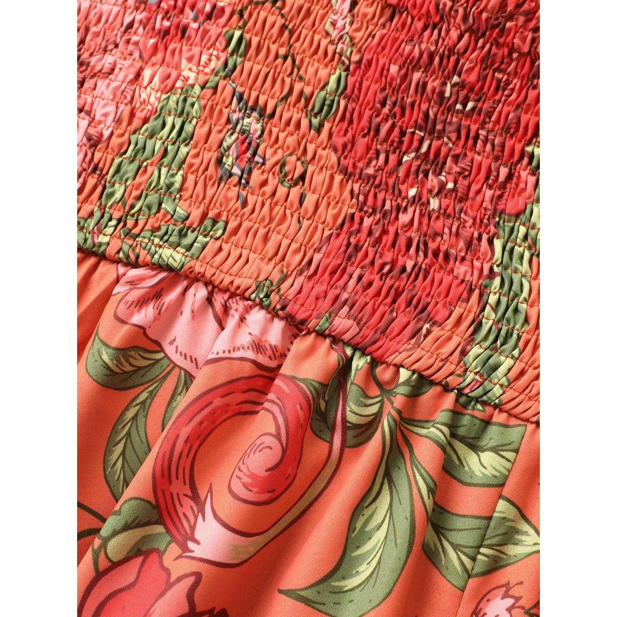 Plus Size Floral Print Elastic Waist Shirred Cami Dress Salmon Women Resort Non V-neck Sleeveless Curvy BloomChic 10/M Product Image