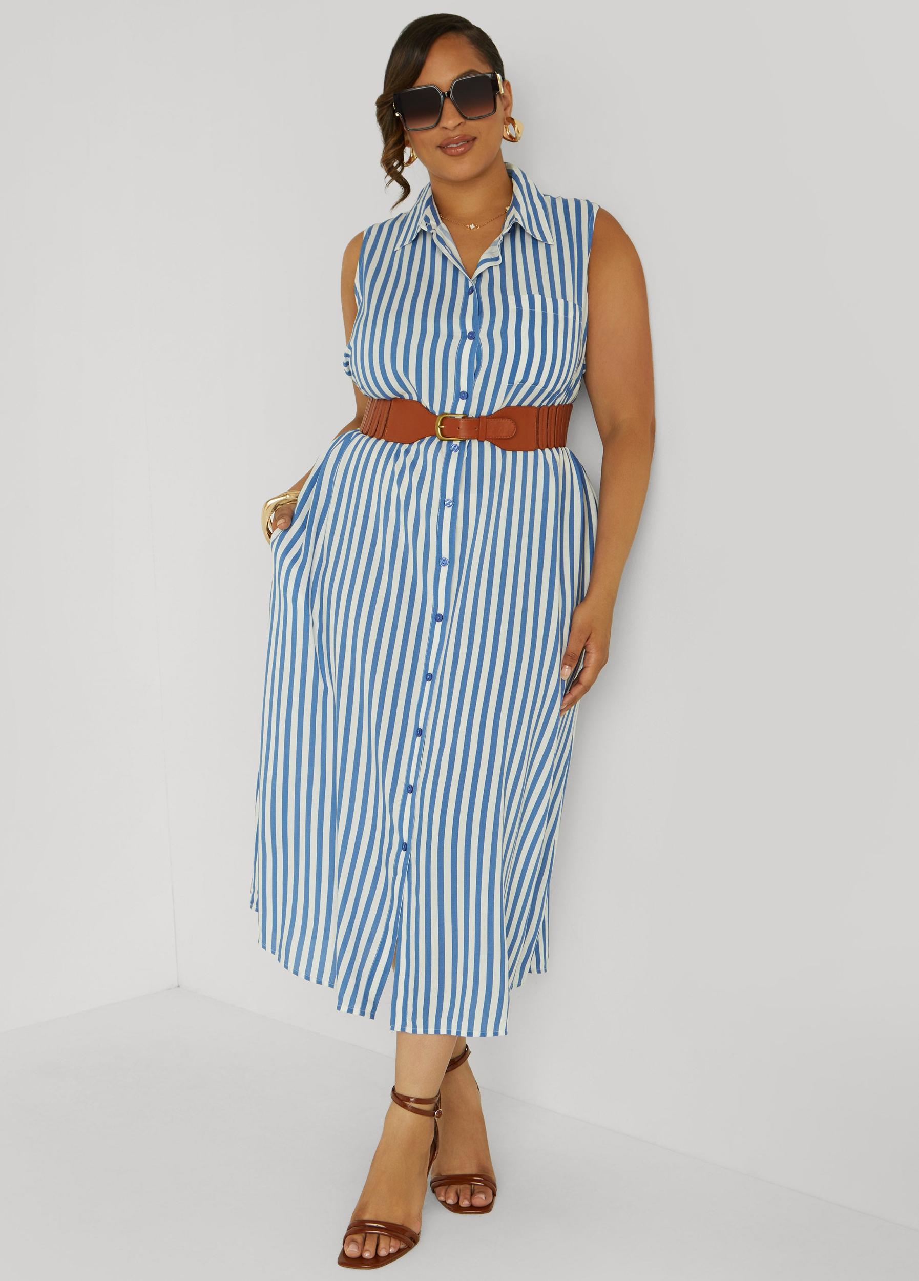 Plus Size Button Front Striped Shirtdress Ashley Stewart Product Image