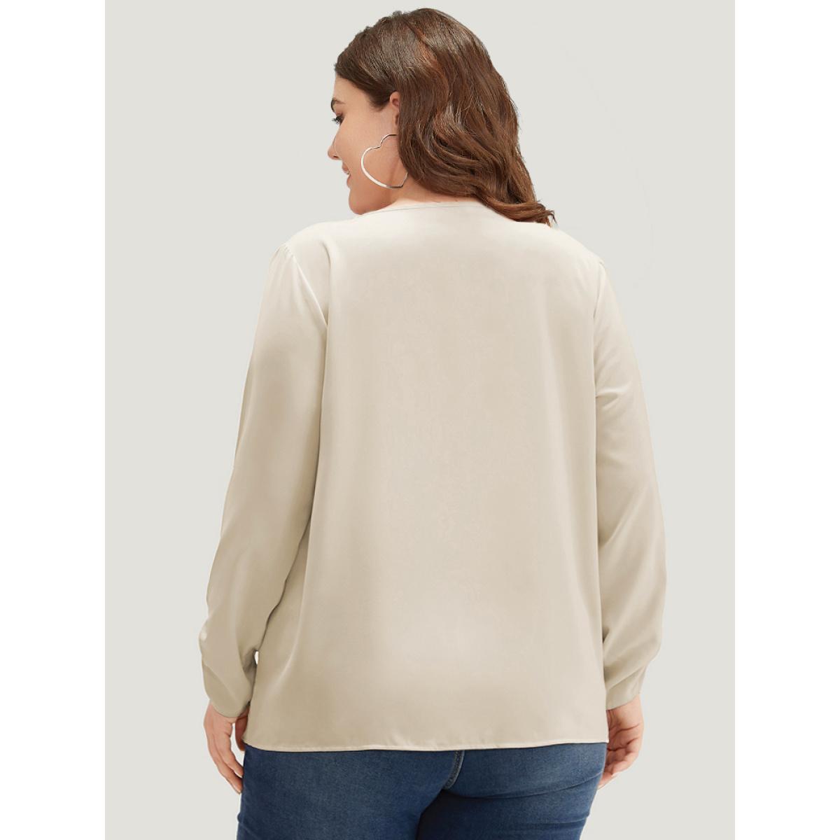 Plus Size Ivory Anti-Wrinkle Half Zip Gathered Contrast Trim Blouse Women Office Long Sleeve V-neck Work Blouses BloomChic 14-16/1X Product Image