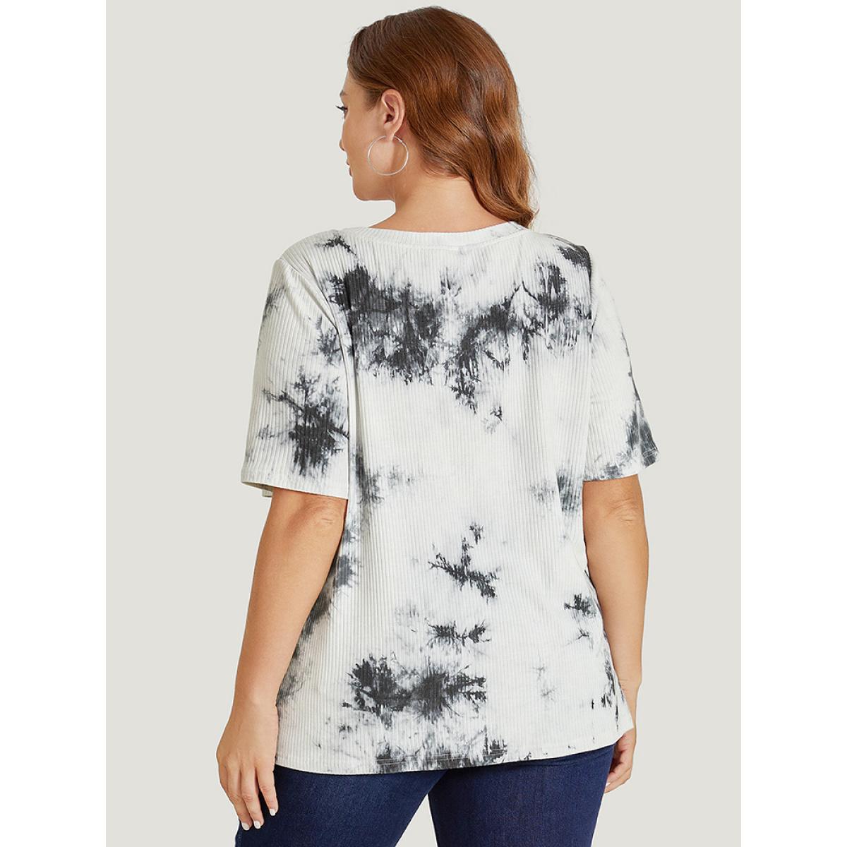 Plus Size Tie Dye Pocket Rib Knit T-shirt Gray Women Casual Tie Dye Round Neck Dailywear T-shirts BloomChic 18-20/2X Product Image