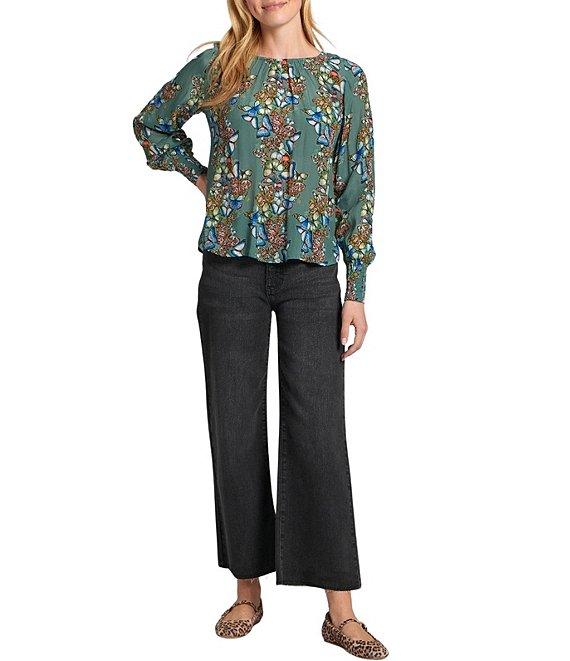 APNY Woven Printed Round Neck Long Sleeve Smocked Blouse Product Image