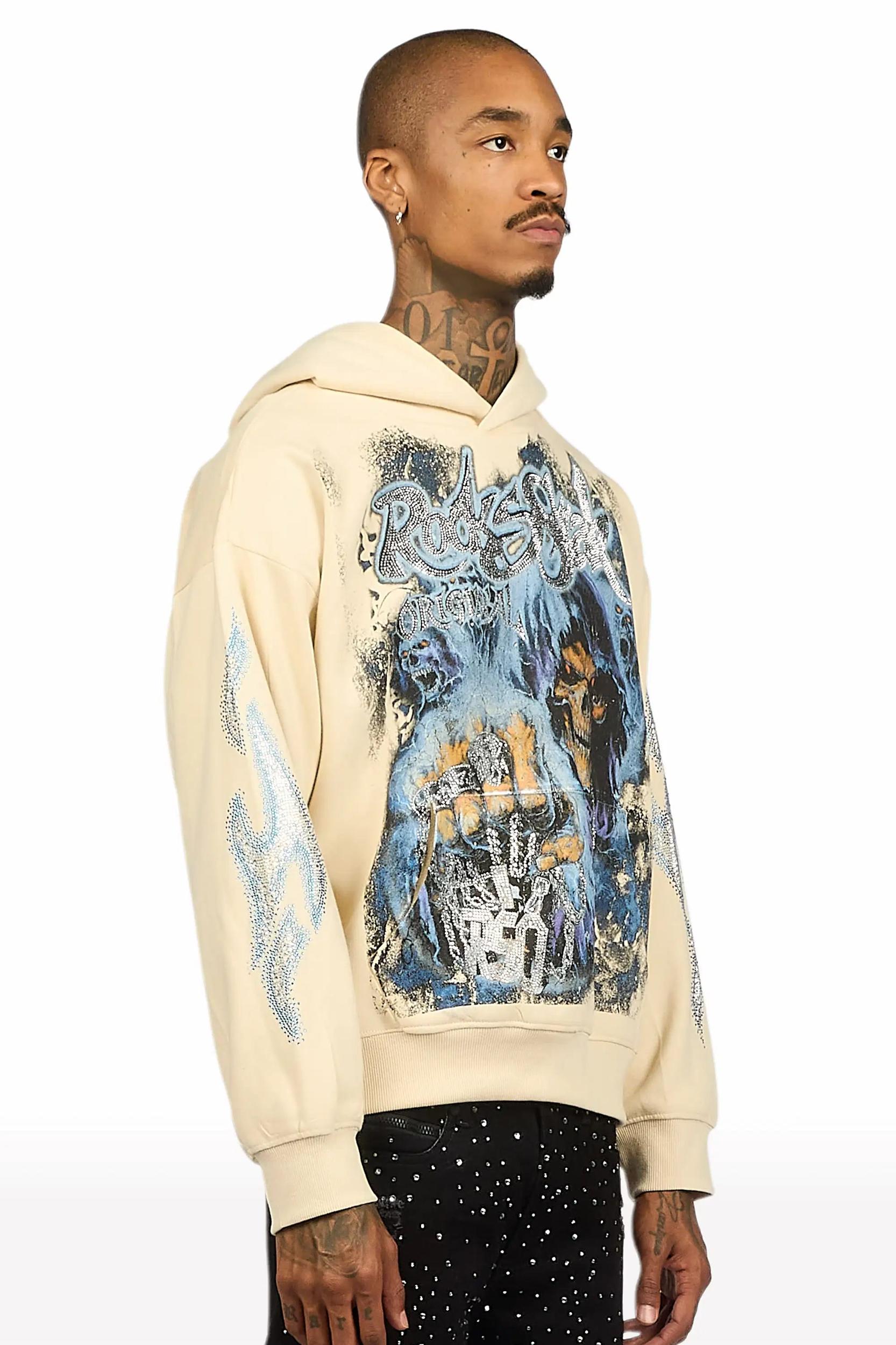 Kovari Beige Rhinestone Oversized Hoodie Male Product Image