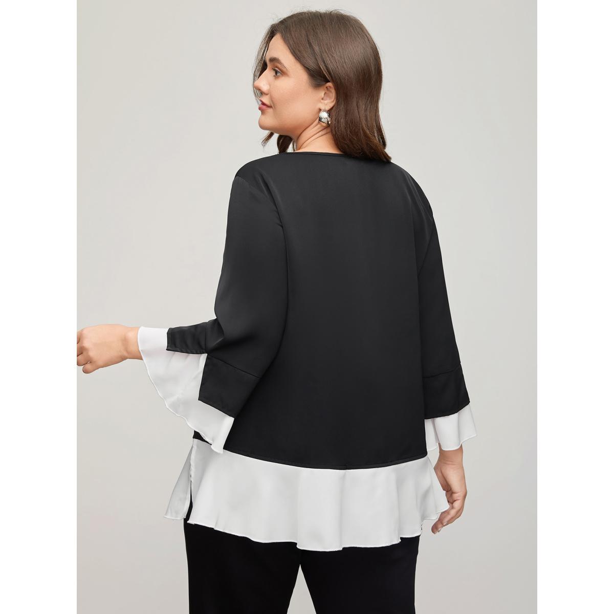 Plus Size Black Contrast Patchwork Bell Sleeve Blouse Women Romantic Elbow-length sleeve Round Neck Elegant Blouses BloomChic 10/M Product Image