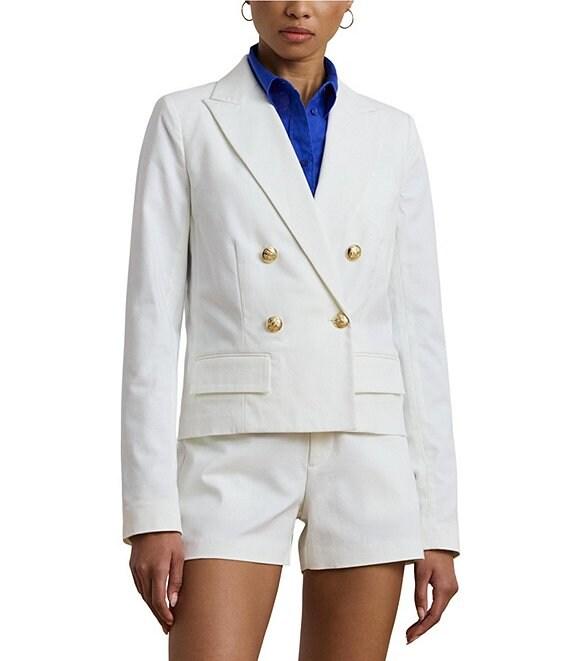 Lauren Ralph Lauren Stretch-Cotton Canvas Double Breasted Peak Lapel Gold Button Blazer Product Image