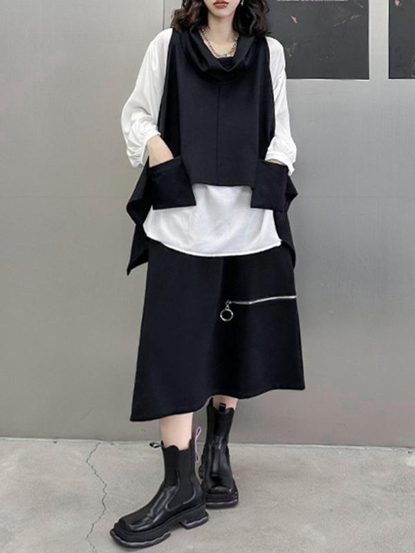High-Low Irregular Clipping Hooded Solid Color Heaps Collar Vest Top Product Image