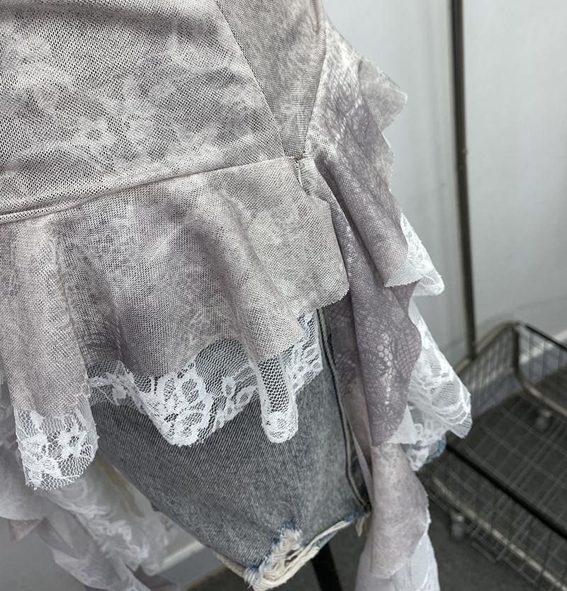 Asymmetrical Ruffle Trim Lace Panel Mesh Slim Fit Camisole Top Product Image