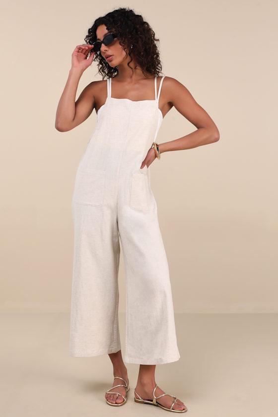 Claudie Light Beige Linen Sleeveless Cropped Jumpsuit Product Image