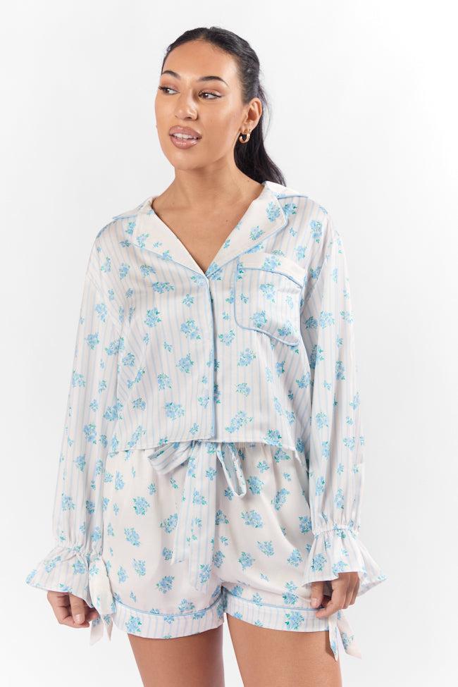 Sleep On My Side Blue Floral Satin Long Sleeve Pajama Top FINAL SALE Product Image