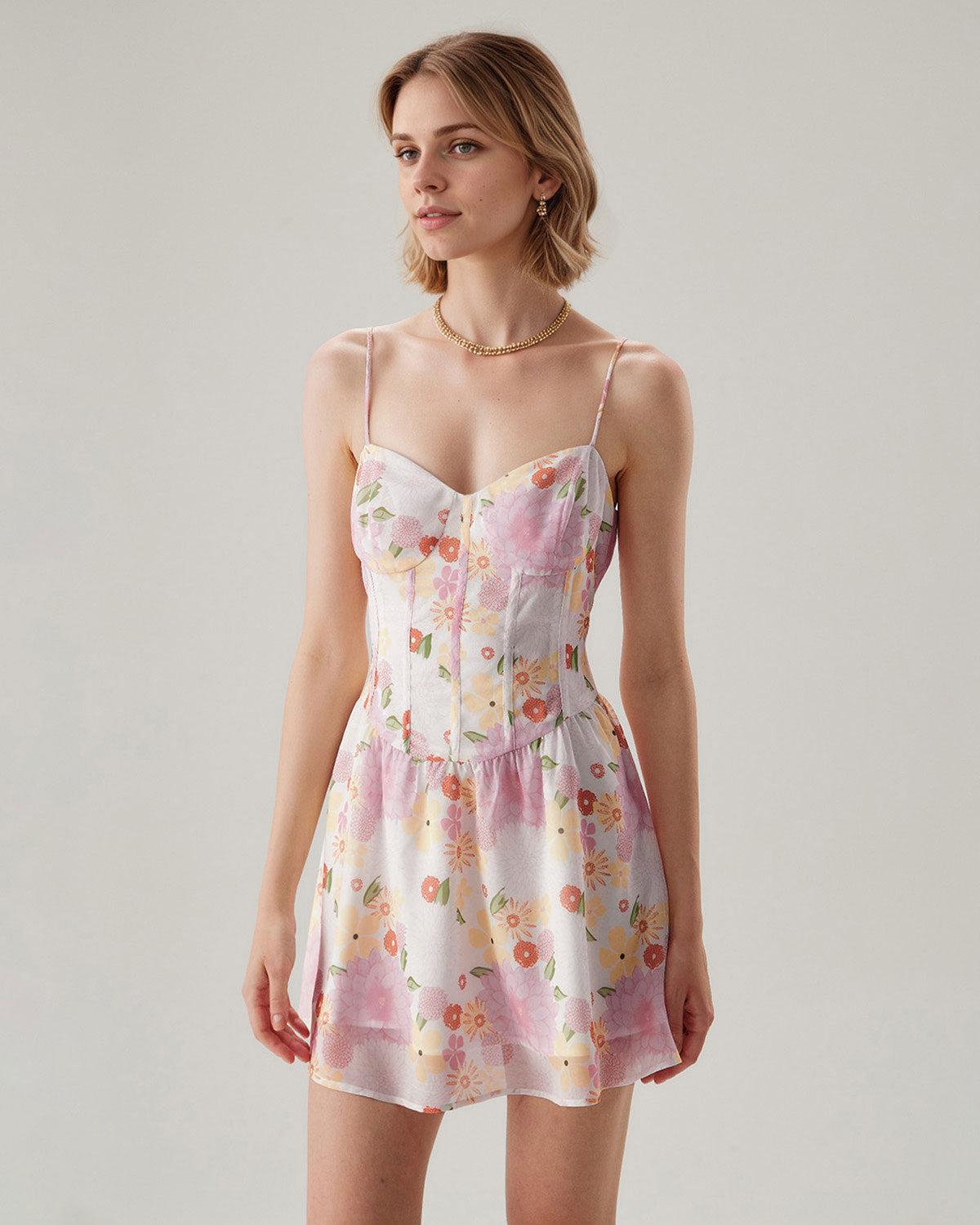 Pink Floral Sweetheart Neck Slip Mini Dress Product Image