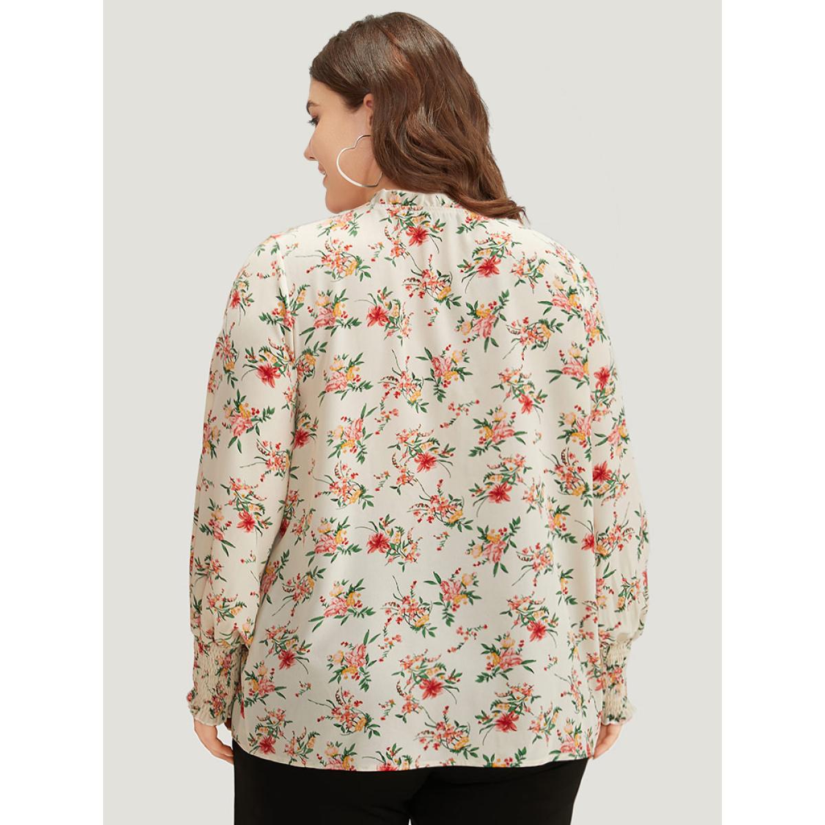 Plus Size White Floral Print Shirred Frill Trim Blouse Women Elegant Long Sleeve Round Neck Dailywear Blouses BloomChic 12/L Product Image