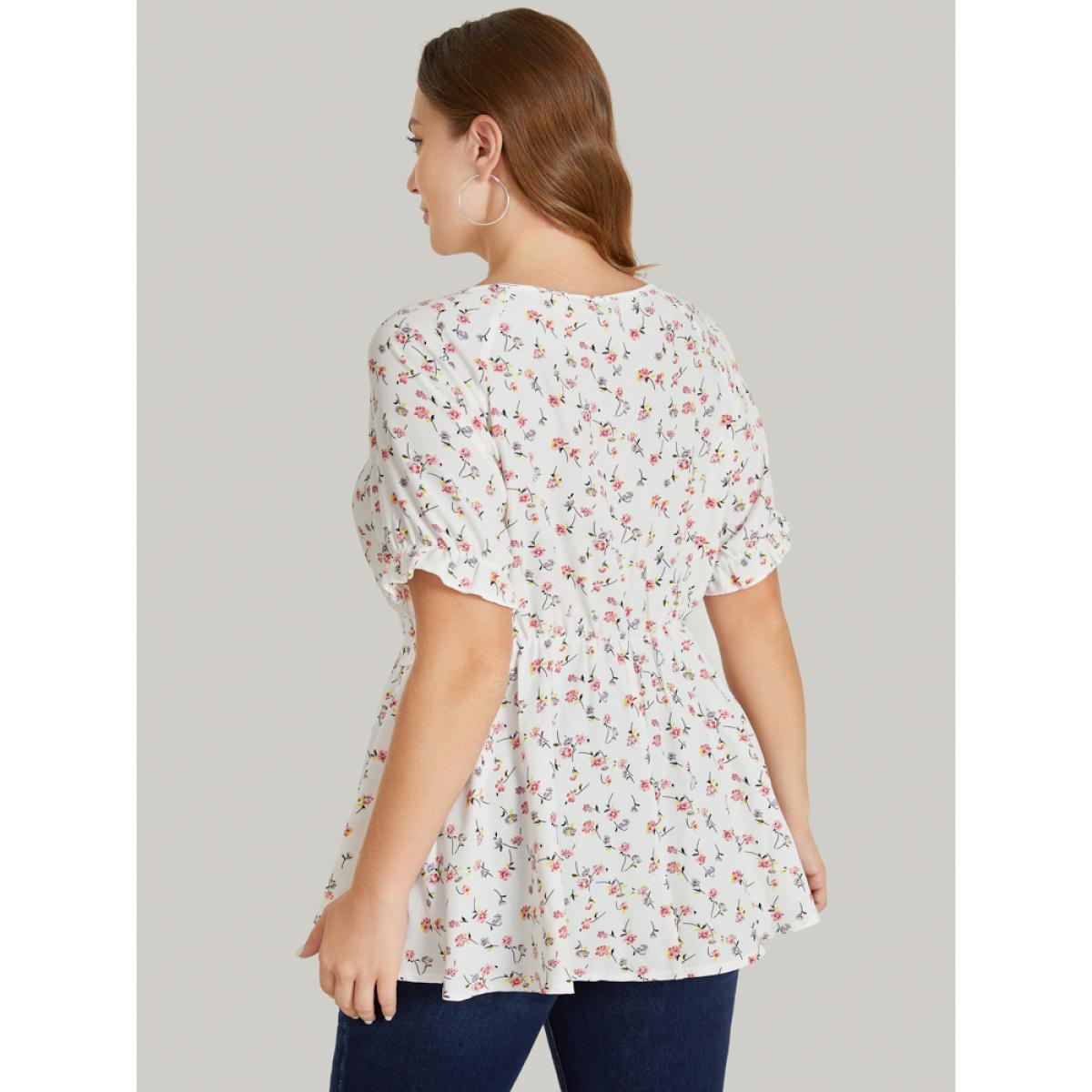 Plus Size White Ditsy Floral Twist Front Puff Sleeve Blouse Women Elegant Short sleeve V-neck Dailywear Blouses BloomChic 14-16/1X Product Image