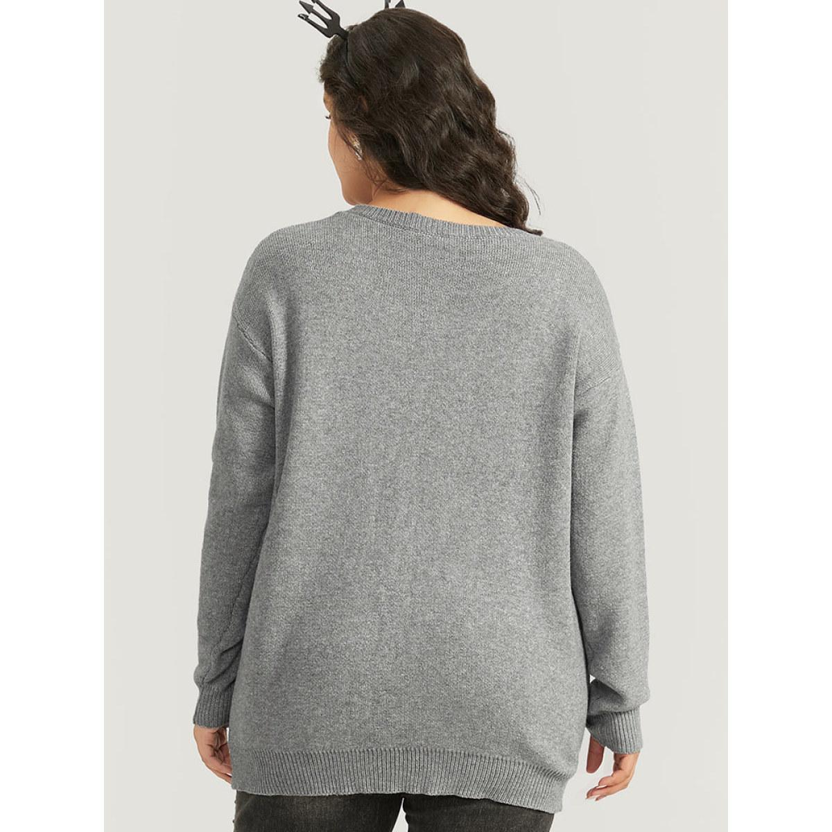 Plus Size Halloween Supersoft Essentials Skull Print Striped Round Neck Pullover DarkGray Women Casual Long Sleeve Round Neck Festival-Halloween Pullovers BloomChic 26/4X Product Image