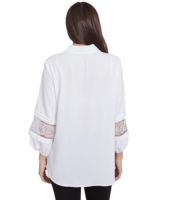 Ruby Rd. Woven Point Collar 3/4 Lace Inset Sleeve Button-Front Top Product Image