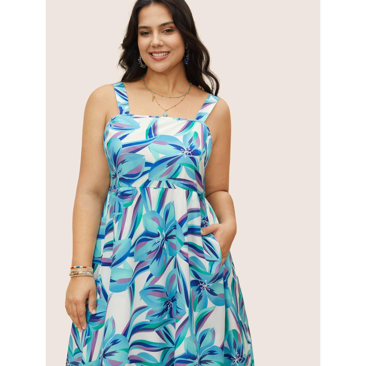 Plus Size Floral Tassel Trim Elastic Waist Pocket Dress Cerulean Women Resort Tie knot Non Sleeveless Curvy BloomChic 22-24/3X Product Image