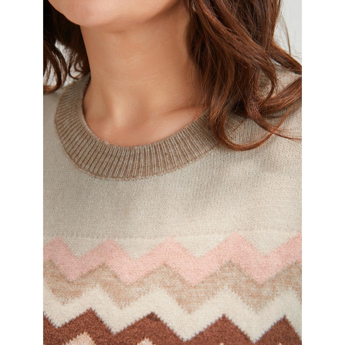 Plus Size Geometric Contrast Soft Pointelle Knit Jacquard Round Neck Knit Top Beige Women Casual Loose Long Sleeve Round Neck Dailywear Pullovers BloomChic 18-20/2X Product Image