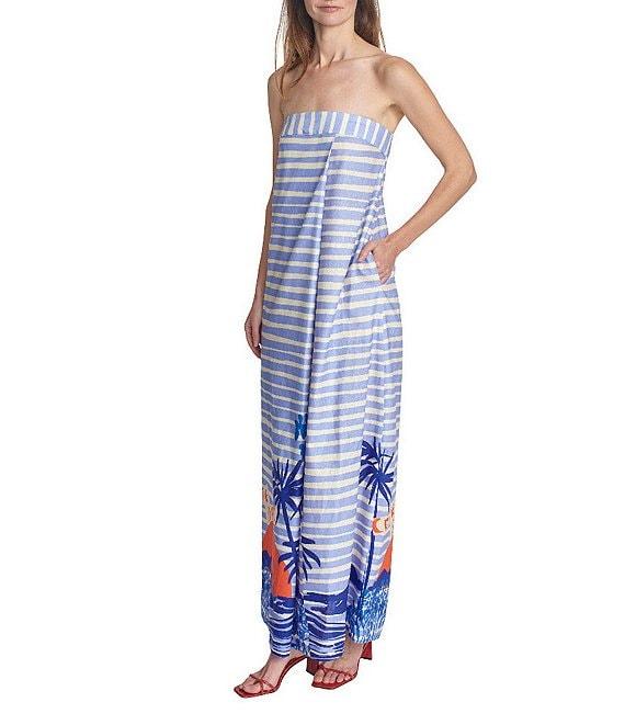 COREY LYNN CALTER Thalia Scenic Print Linen Blend Pintuck Strapless Sleeveless Maxi Dress Product Image
