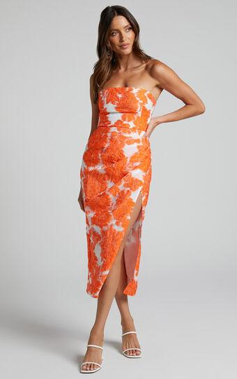 Brailey Midi Dress - Thigh Split Strapless Dress in Orange & White Jacquard Product Image