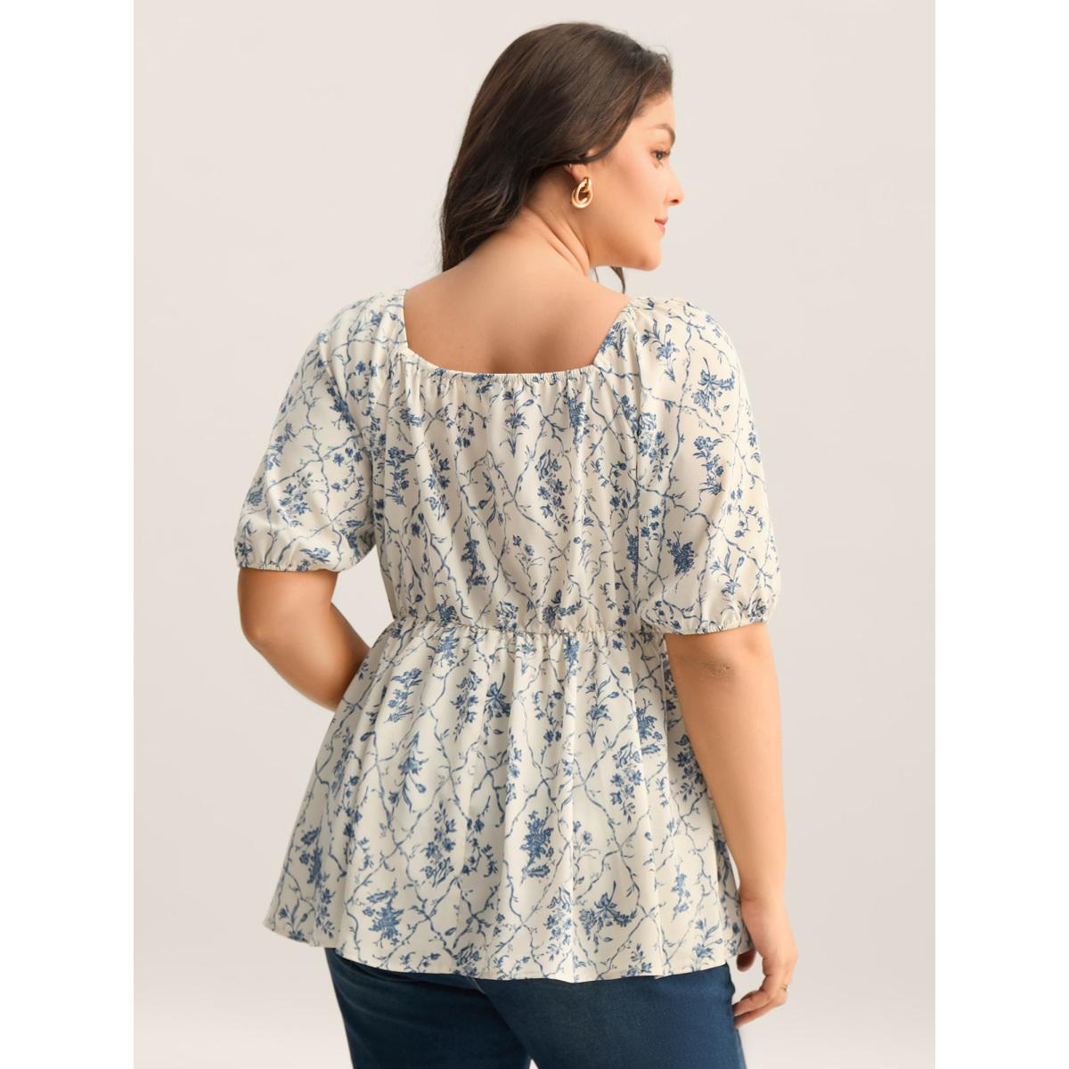 Plus Size Beige Floral Pleated Bodice Puffy Sleeve Blouse Women Romantic Half Sleeve Square Neck Elegant Blouses BloomChic 10/M Product Image