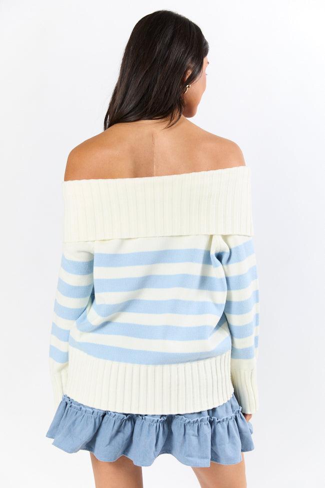 Undertow Feelings Ivory and Blue Striped Off The Shoulder Sweater FINAL SALE Product Image