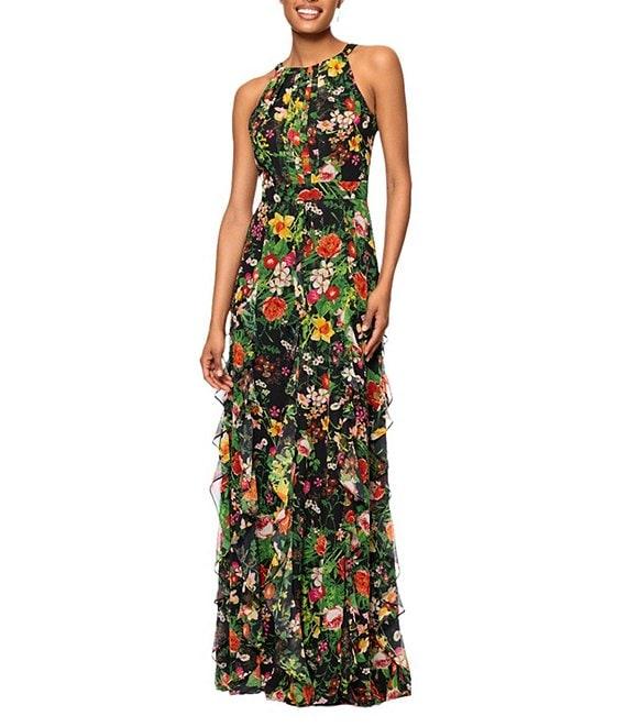 Betsy & Adam Chiffon Floral Print Halter Neck Sleeveless Ruffle A-Line Maxi Dress Product Image