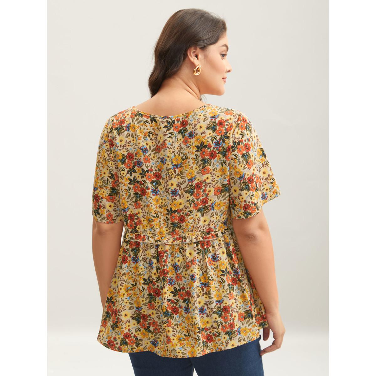 Plus Size Beige Floral Ruffled Round Neck Shirt Women Timeless Short sleeve Round Neck Elegant Blouses BloomChic 14-16/1X Product Image