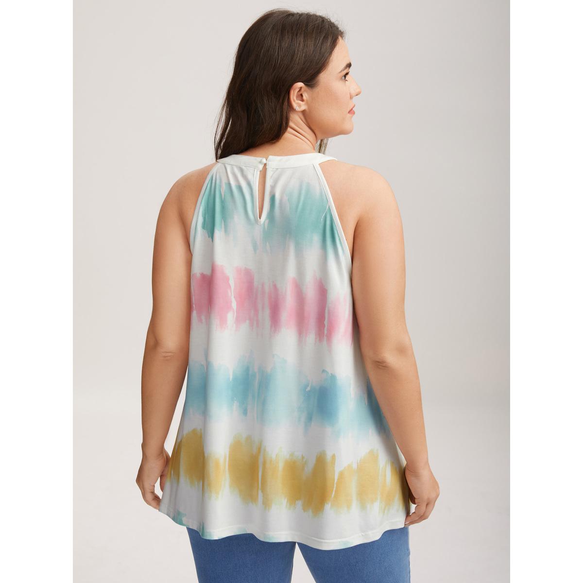Plus Size Color Fusion Pleated Flowy Tank Top Women Multicolor Playful Gathered Round Neck Casual Tank Tops Camis BloomChic 12/L Product Image