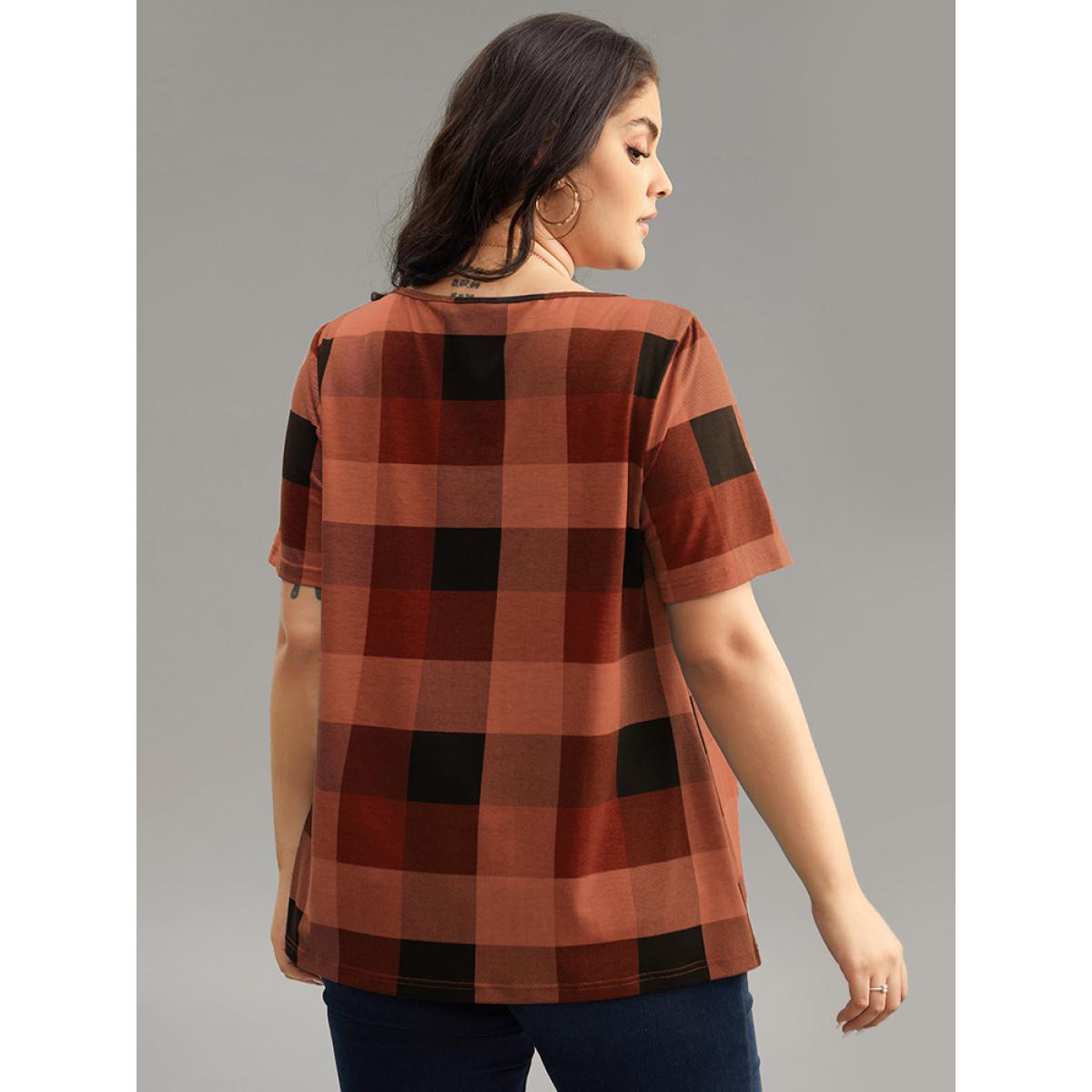 Plus Size Plaid Round Neck Gathered T-shirt Red Women Casual Gathered Plaid Round Neck Everyday T-shirts BloomChic 30/6X Product Image