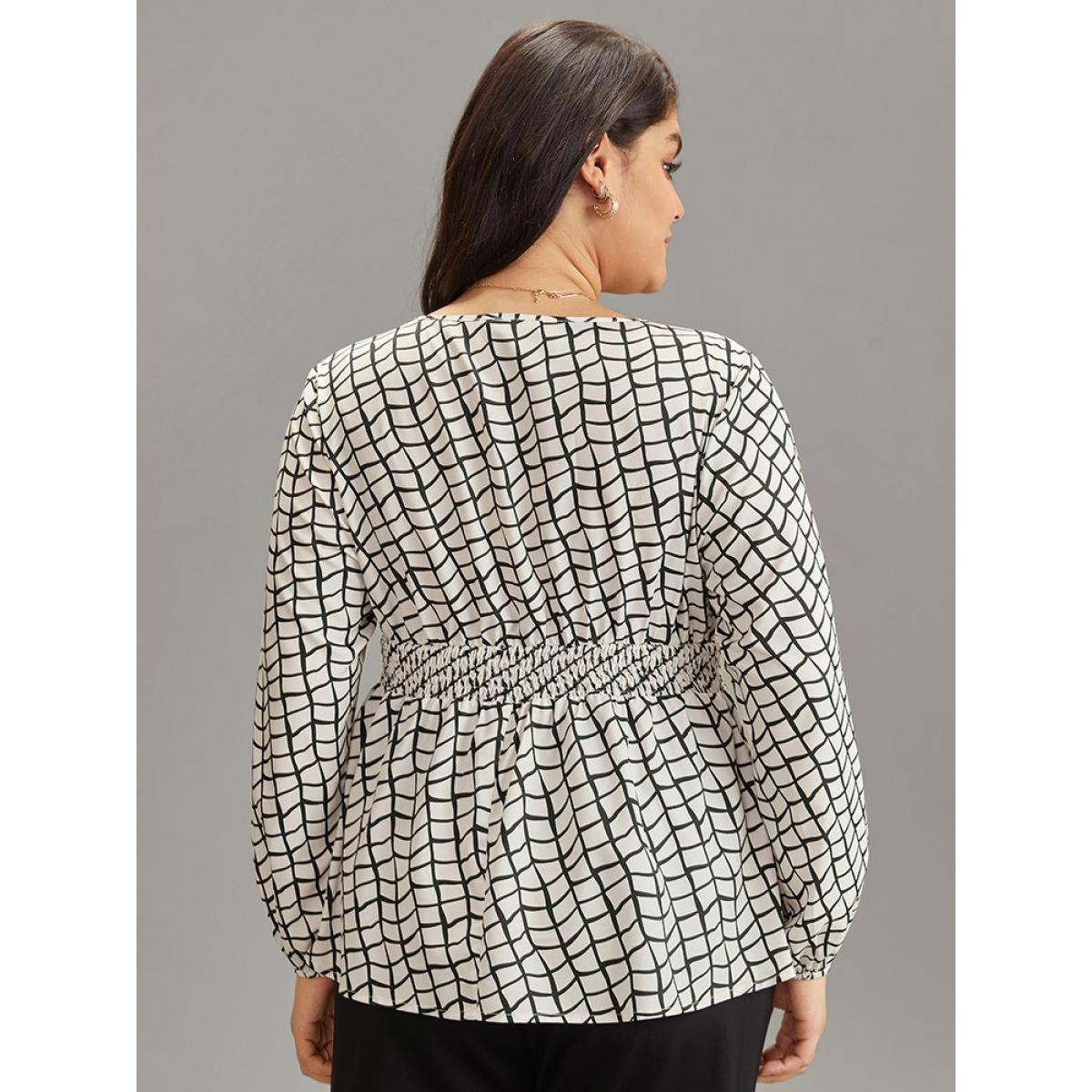 Plus Size White Plaid Lace Up Overlap Collar Shirred Blouse Women Office Long Sleeve Overlap Collar Work Blouses BloomChic 14-16/1X Product Image