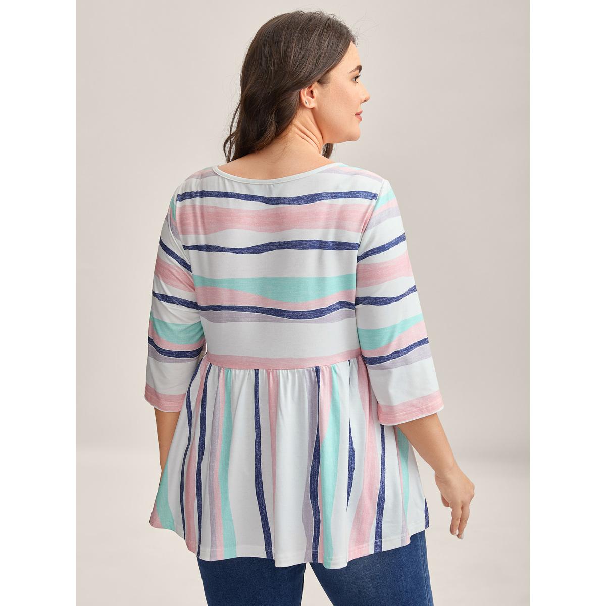 Plus Size Color Contrast Seven-Quarter Sleeve T-Shirt Multicolor Women Gathered Round Neck Casual T-shirts BloomChic 18-20/2X Product Image