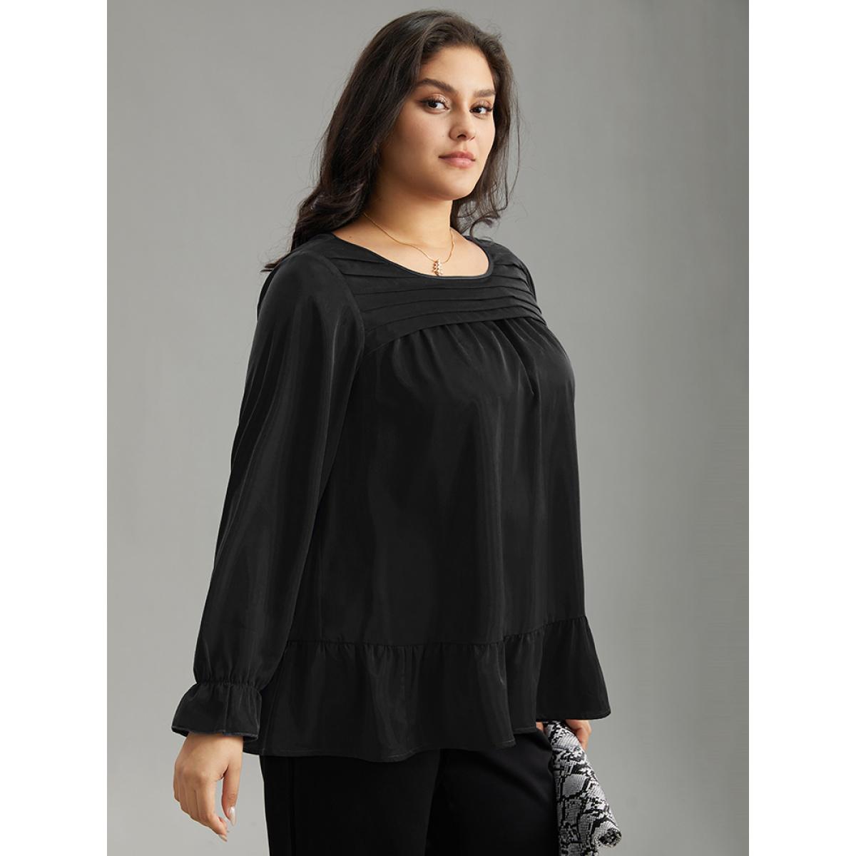 Plus Size Black Static-Free Plain Pleated Ruffles Lantern Sleeve Blouse Women Office Long Sleeve Round Neck Work Blouses BloomChic 10/M Product Image