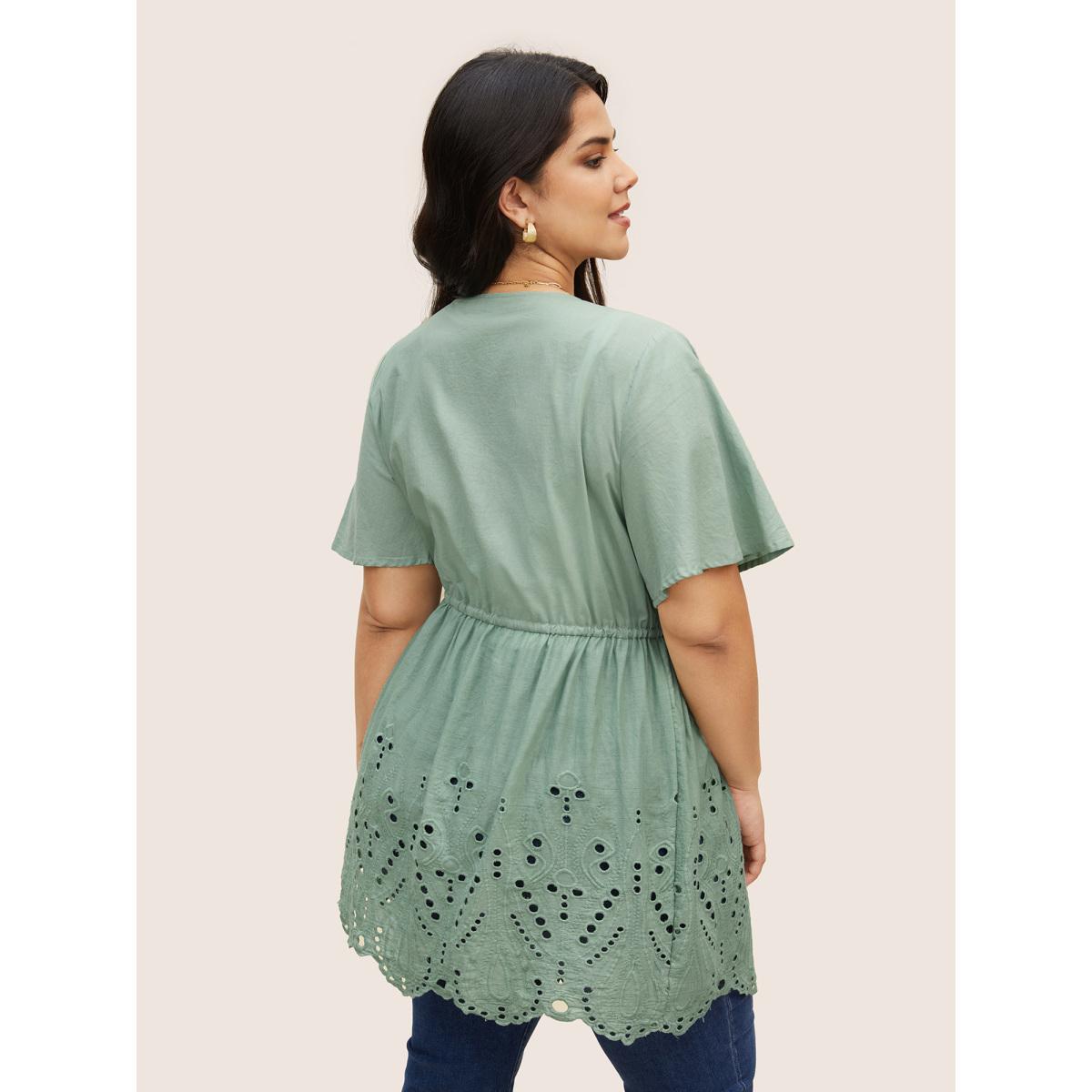 Plus Size Plain Broderie Anglaise Drawstring Kimono Women Mint Resort Embroidered Vacation Kimonos BloomChic 30/6X Product Image