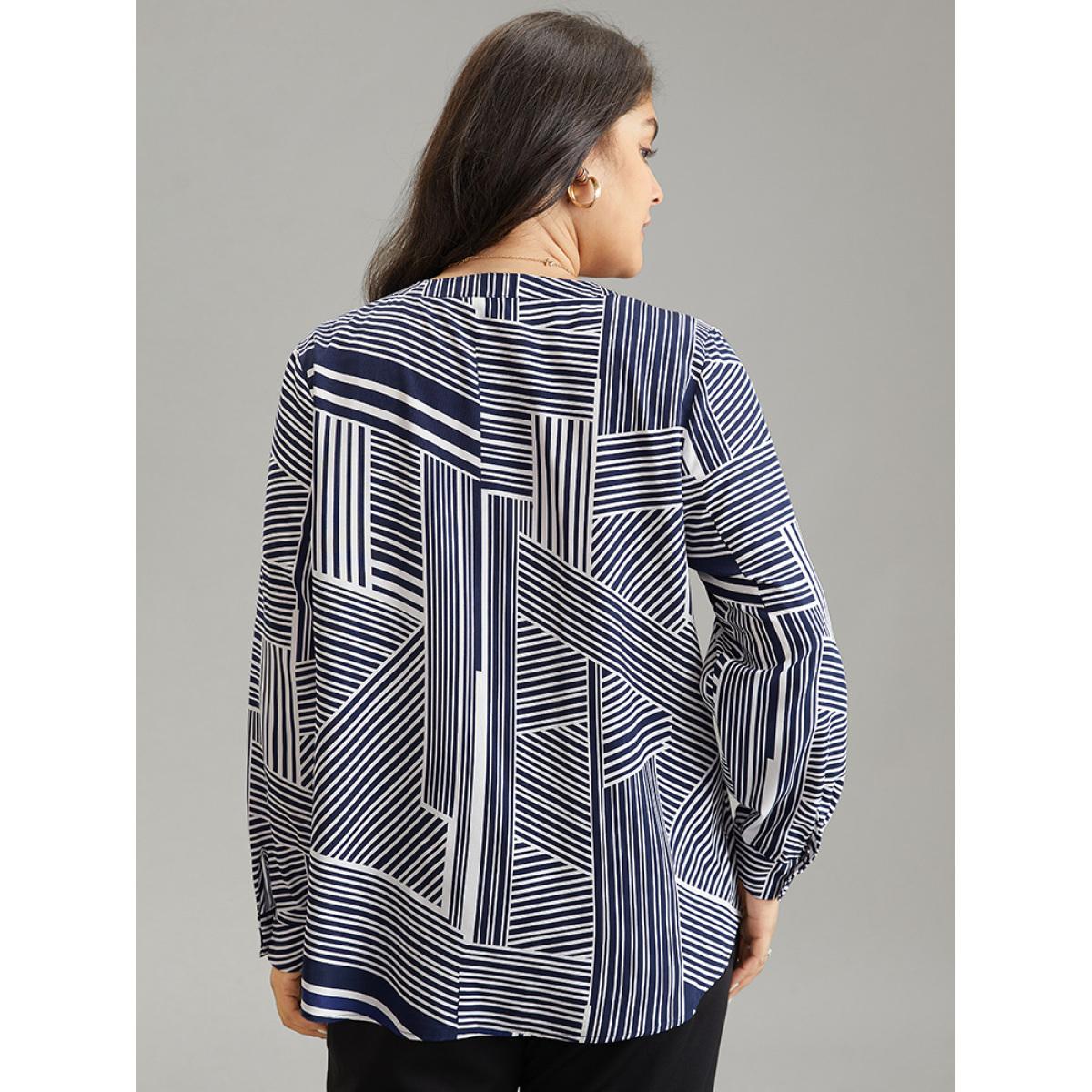 Plus Size Indigo Asymmetrical Striped Notched Tab Sleeve Blouse Women Office Long Sleeve Shirt collar Work Blouses BloomChic 18-20/2X Product Image