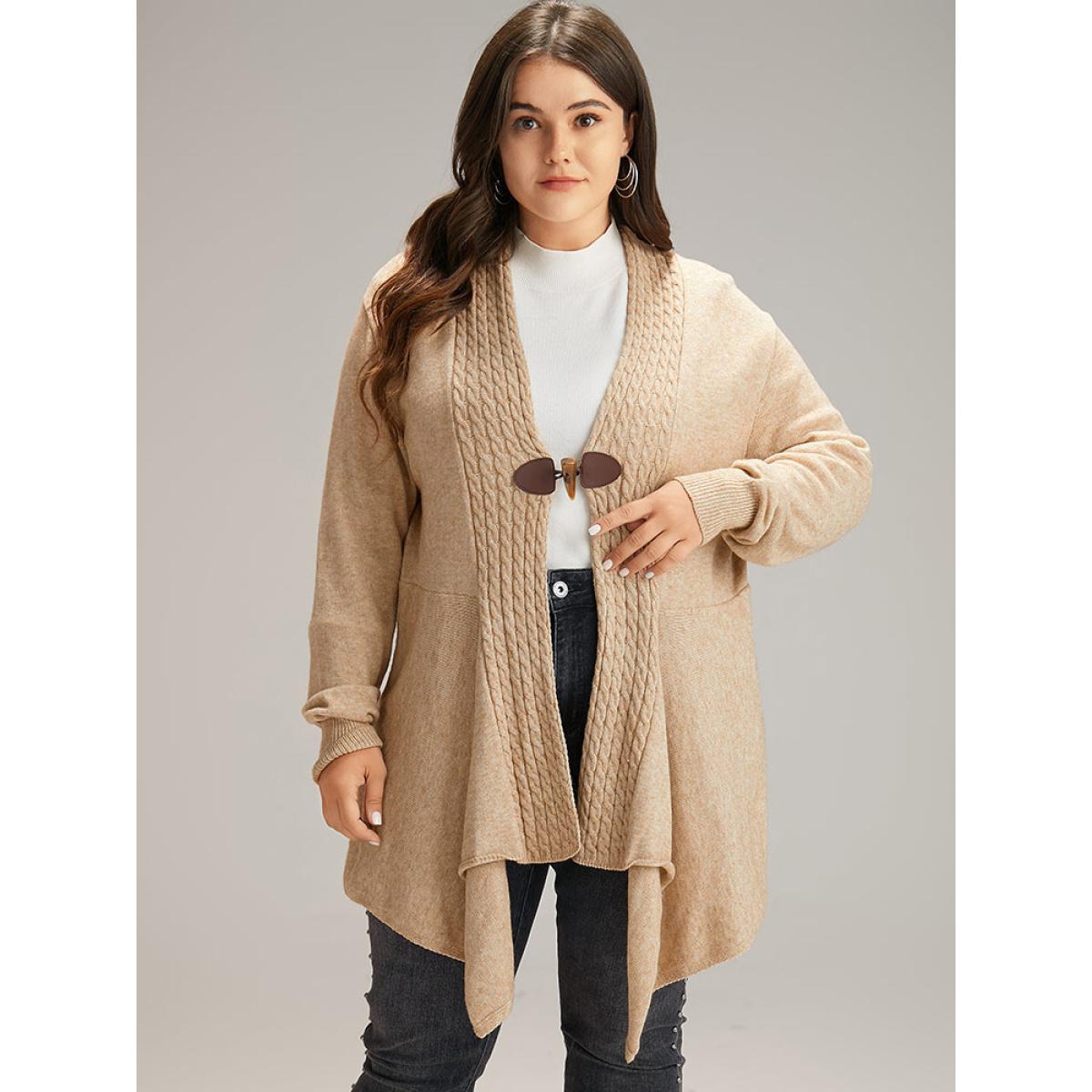 Plus Size Supersoft Essentials Textured Asymmetrical Duffle Button Cardigan Tan Women Casual Loose Long Sleeve Dailywear Cardigans BloomChic 14-16/1X Product Image