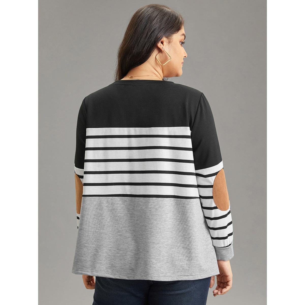 Plus Size Striped Patchwork Contrast Slight Crew Neck Sweatshirt Women Black Casual Contrast Round Neck Dailywear Sweatshirts BloomChic 18-20/2X Product Image
