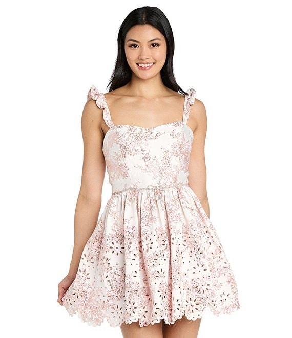 Morgan & Co. Floral Printed Metallic Brocade Ruffle Strap Scallop Hem Dress Product Image