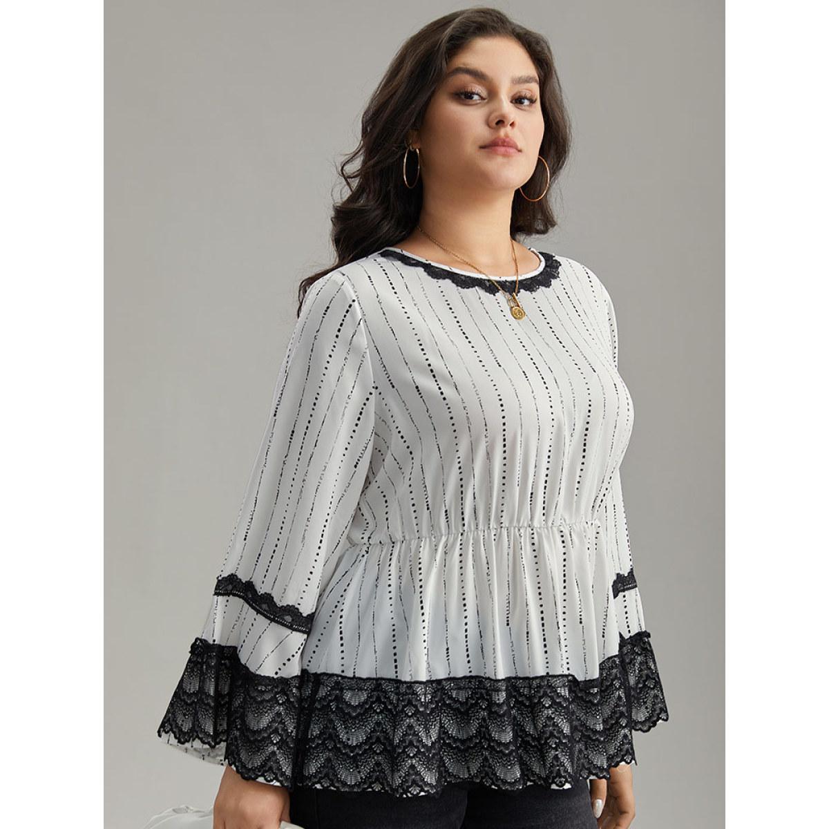 Plus Size White Dot Striped Contrast Lace Elastic Waist Blouse Women Elegant Long Sleeve Round Neck Dailywear Blouses BloomChic 26/4X Product Image