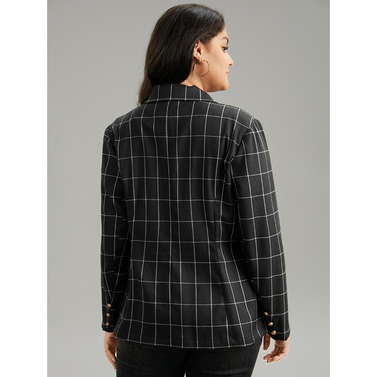 Plus Size Plaid Suit Collar Metal Detail Pocket Blazer Black Women Work Plaid Contrast Sleeve Long Sleeve Suit Collar 14-16/1X Pocket Work From Home Blazers BloomChic Product Image