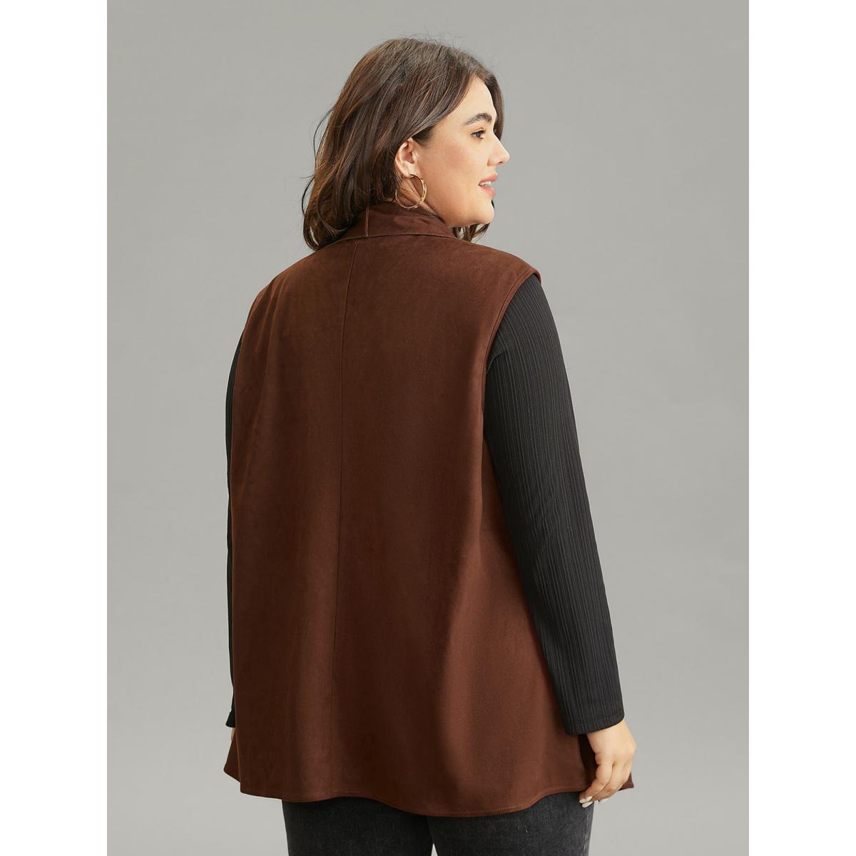 Plus Size Faux Suede Asymmetrical Neck Pocket Vest Women DarkBrown Casual Plain Ladies Dailywear Winter Coats BloomChic 26/4X Product Image