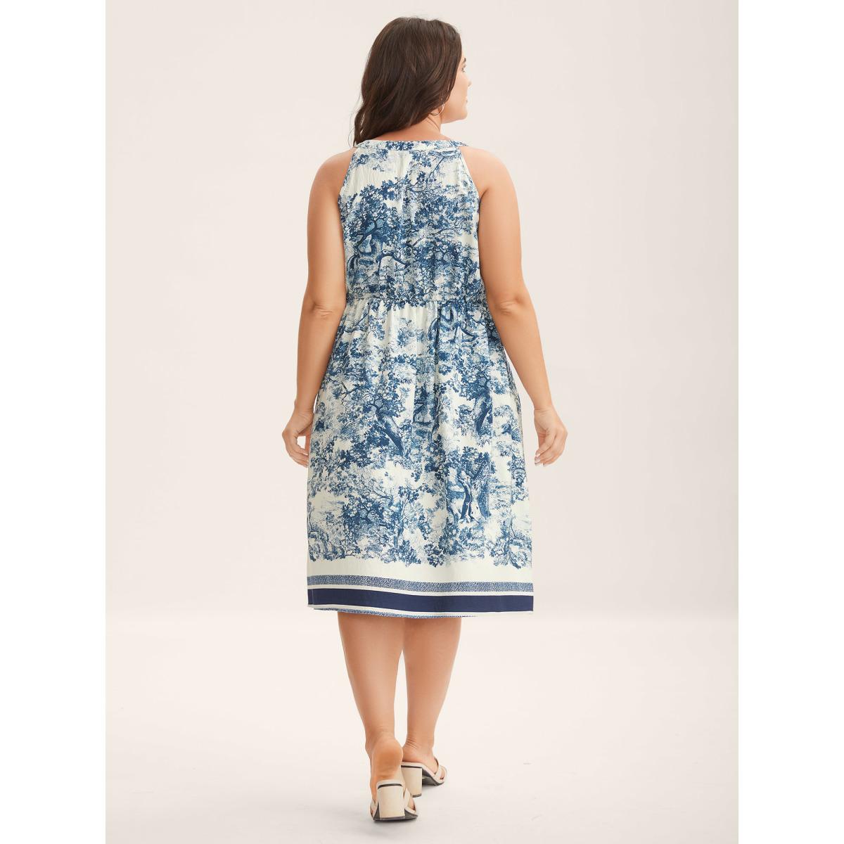 Plus Size Artistic Print Halter Neck Midi Dress Mediumblue Women Round Neck Sleeveless Curvy BloomChic 12/L Product Image