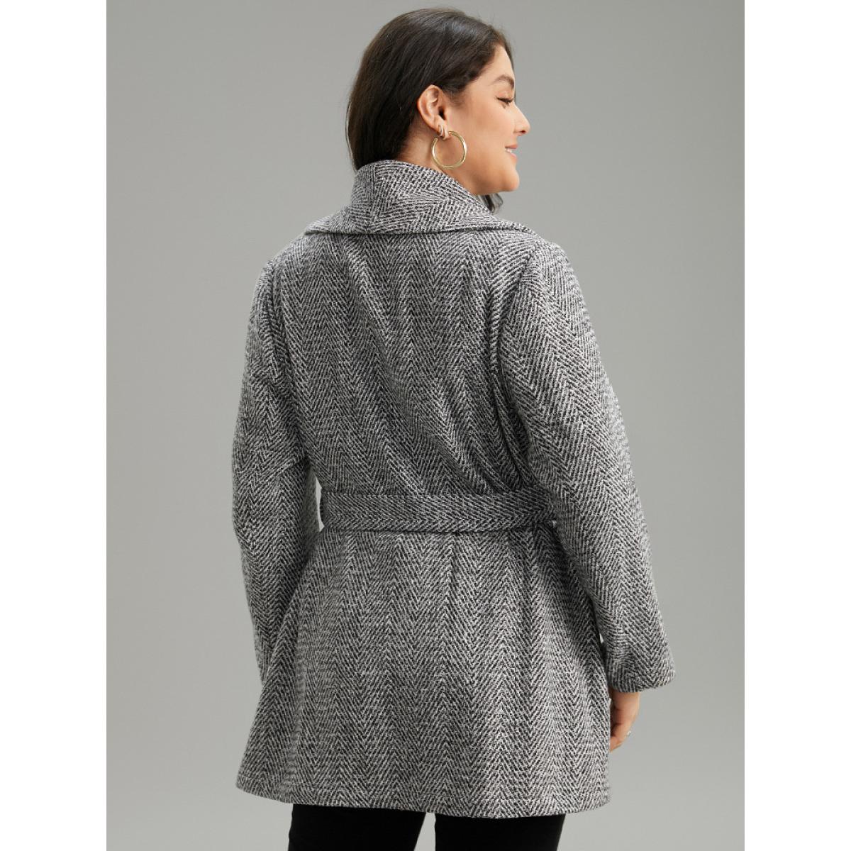 Plus Size Tweed Belted Lapel Collar Flap Pocket Coat Women Black Casual Belted Ladies Dailywear Winter Coats BloomChic 30/6X Product Image