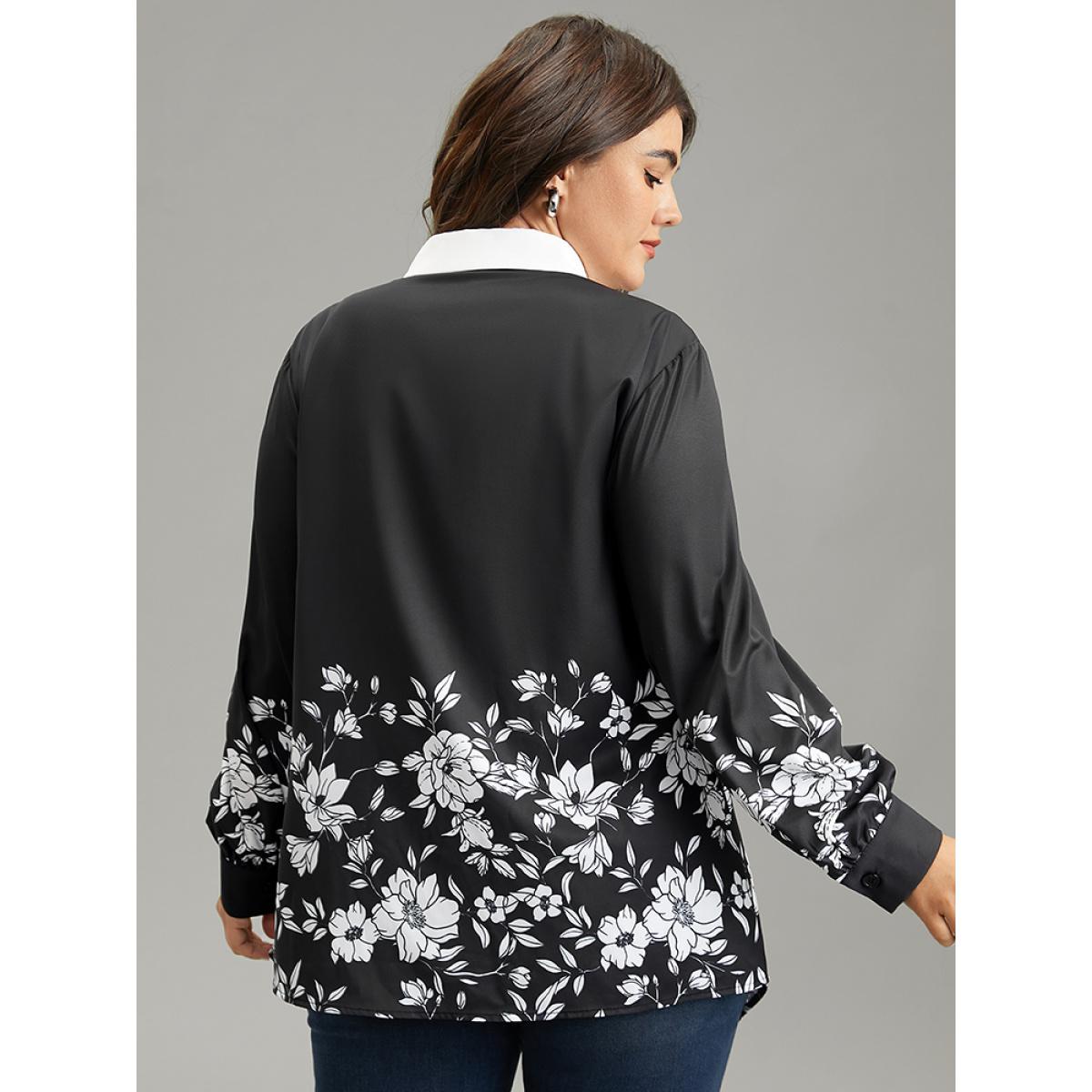 Plus Size Black Boho Print Patchwork Asymmetrical Hem Pleated Blouse Women Elegant Long Sleeve Shirt collar Office Blouses BloomChic 28/5X Product Image