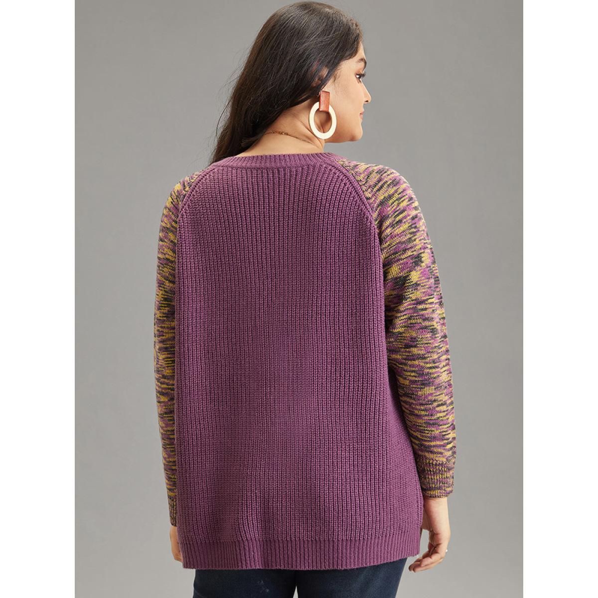 Plus Size Ombre Heather Raglan Sleeve Plisse Pullover Mauve Women Casual Loose Long Sleeve V-neck Dailywear Pullovers BloomChic 12/L Product Image
