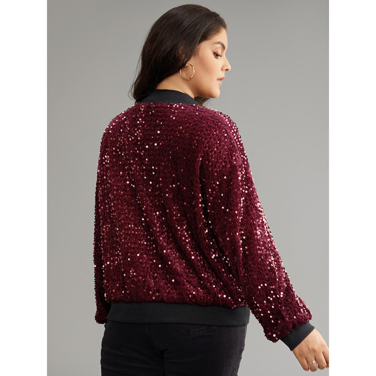 Plus Size Sequin Zipper Patchwork Contrast Bomber Jacket Women Burgundy Contrast Dailywear Jackets BloomChic 18-20/2X Product Image