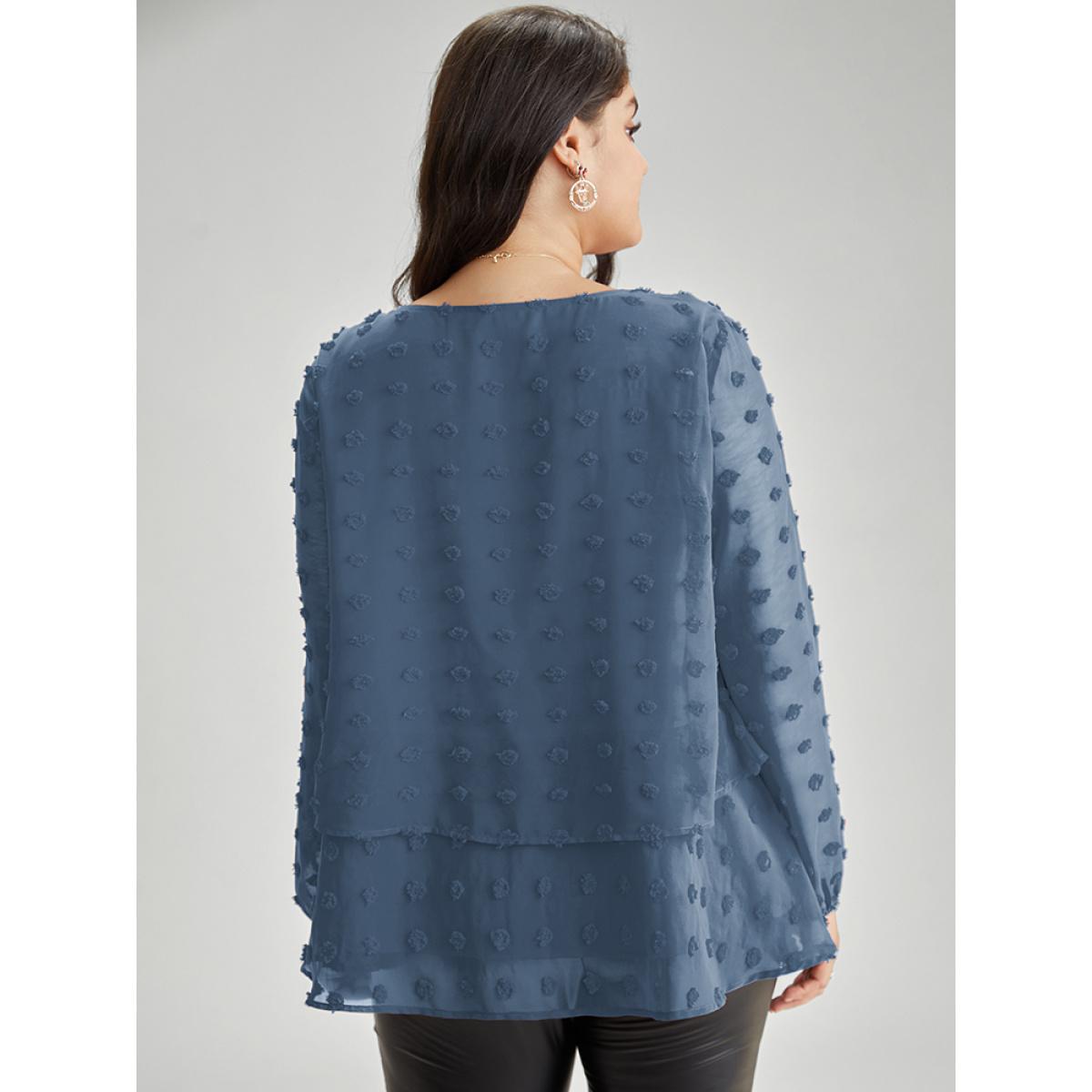 Plus Size Stone Solid Textured Lantern Sleeve Tiered Hem Blouse Women Elegant Long Sleeve Round Neck Everyday Blouses BloomChic 10/M Product Image